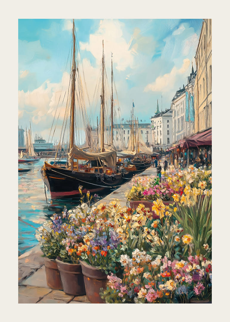Oil-painted harbor view with sailboats and floral splendor-12