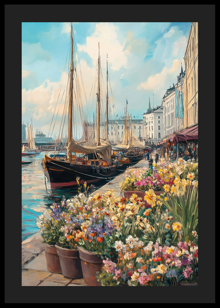 Oil-painted harbor view with sailboats and floral splendor-12