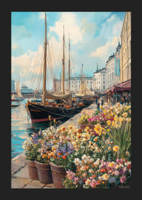 Oil-painted harbor view with sailboats and floral splendor-5