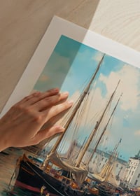 Olejomaľovaný výhľad na prístav s plachetnicami a kvetinovou nádherou-9