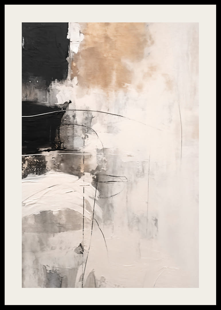 Abstrakti maalaus, jossa kerroksittain on beigejä, mustia ja harmaita lohkoja-12