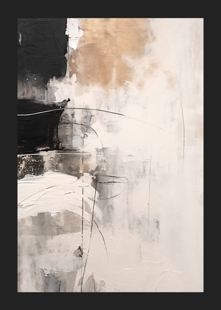 Abstrakti maalaus, jossa kerroksittain on beigejä, mustia ja harmaita lohkoja-12