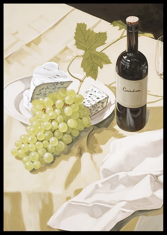 Akvarell av gröna vindruvor, ost och vinflaska på duk-12