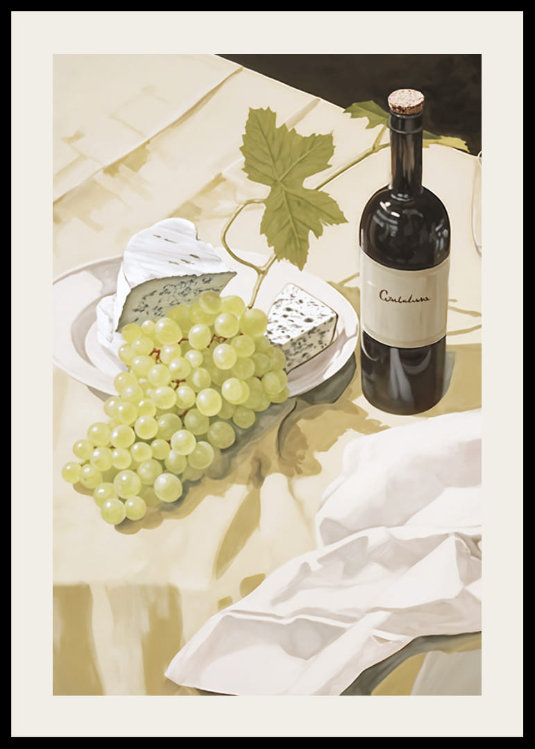 Akwarela przedstawiająca zielone winogrona, ser i butelkę wina na płótnie-12