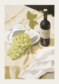 Akwarela przedstawiająca zielone winogrona, ser i butelkę wina na płótnie-3