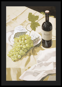 Akwarela przedstawiająca zielone winogrona, ser i butelkę wina na płótnie-4