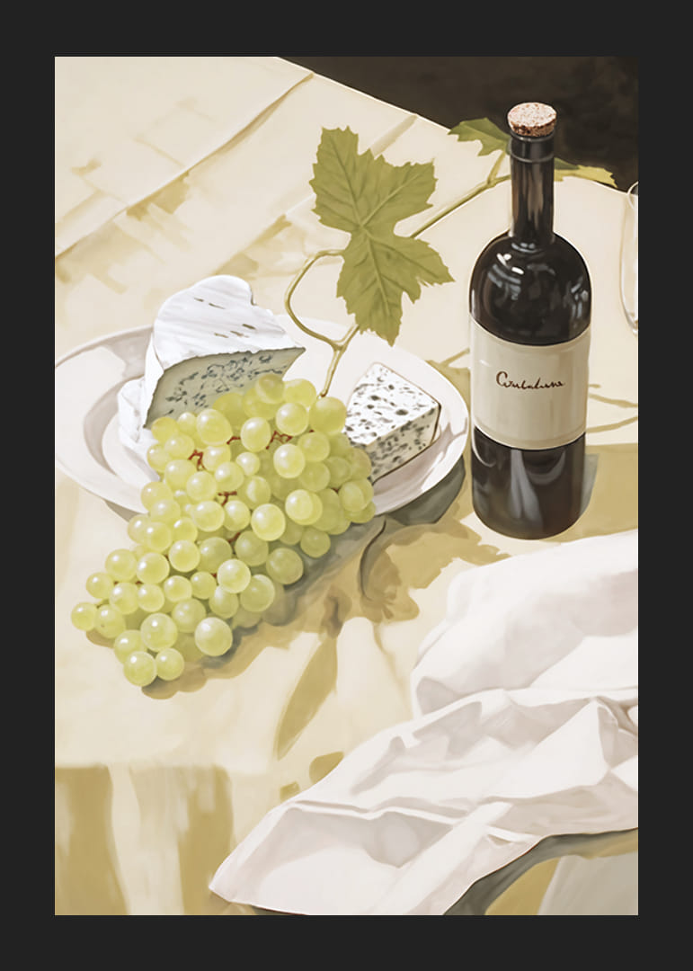 Akwarela przedstawiająca zielone winogrona, ser i butelkę wina na płótnie-12