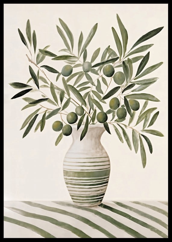 Watercolor of olive branches with green leaves in striped vase-12