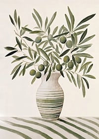 Watercolor of olive branches with green leaves in striped vase-7