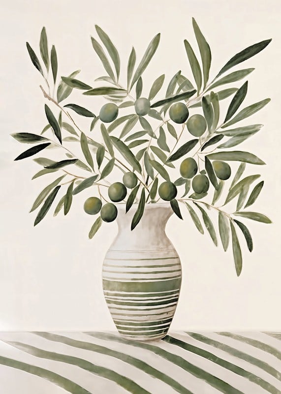 Watercolor of olive branches with green leaves in striped vase-12