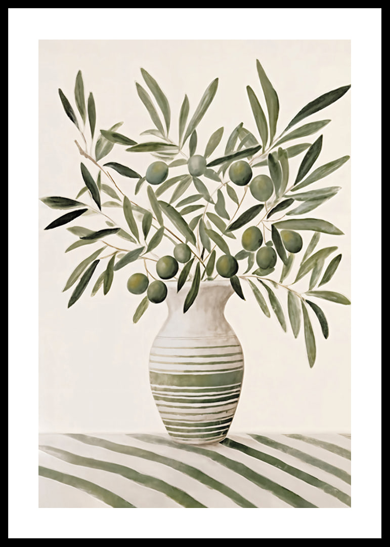 Watercolor of olive branches with green leaves in striped vase-12