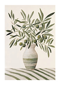 Watercolor of olive branches with green leaves in striped vase-1