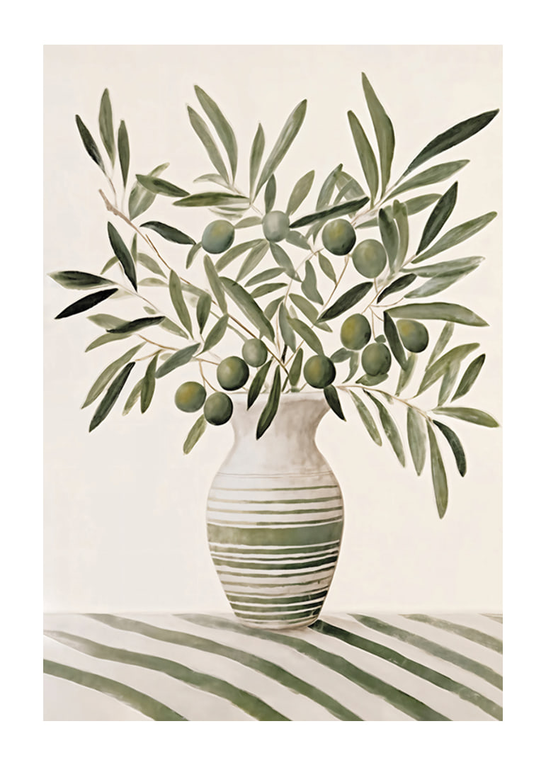 Watercolor of olive branches with green leaves in striped vase-12