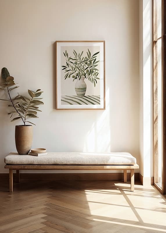 Watercolor of olive branches with green leaves in striped vase-12