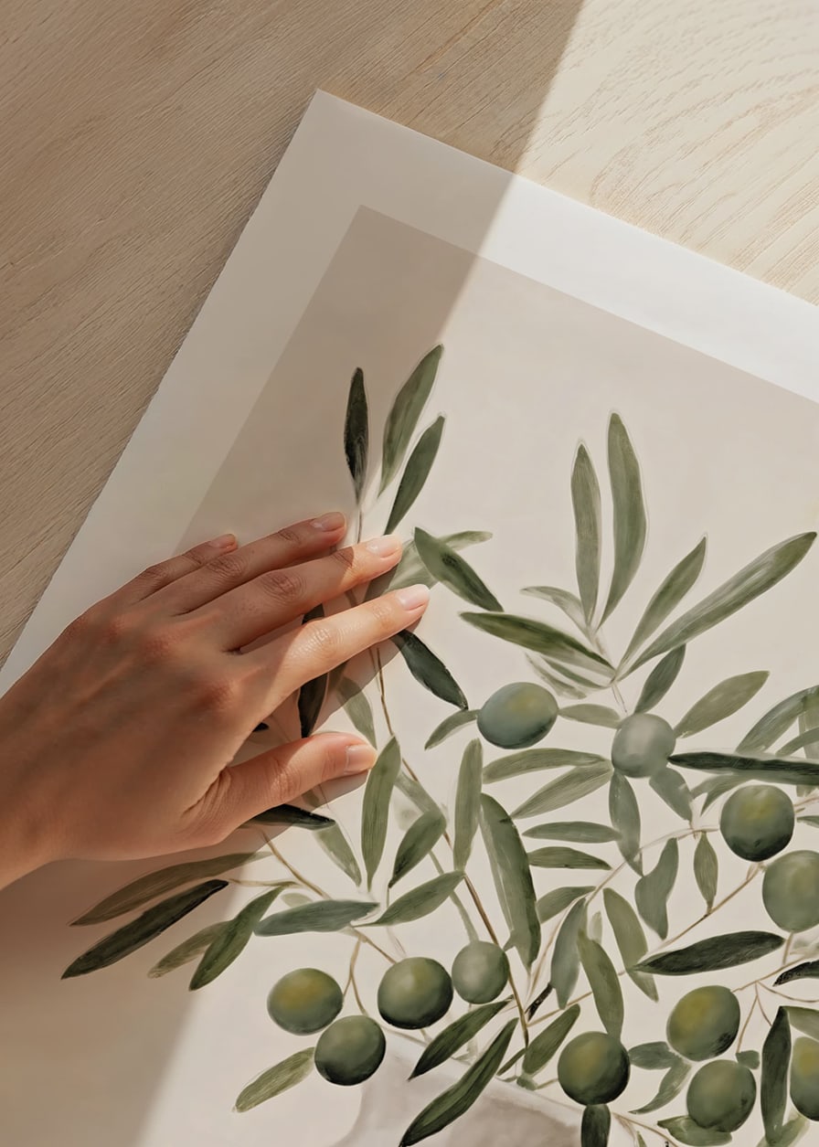 Watercolor of olive branches with green leaves in striped vase-12
