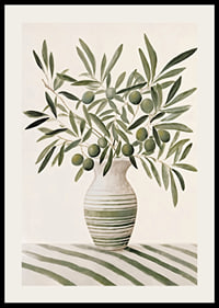 Watercolor of olive branches with green leaves in striped vase-2
