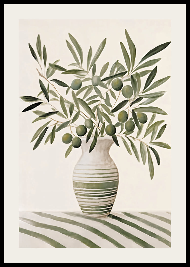 Watercolor of olive branches with green leaves in striped vase-12