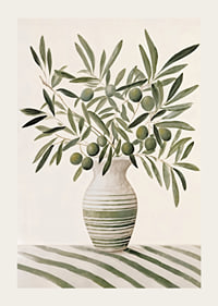 Watercolor of olive branches with green leaves in striped vase-3