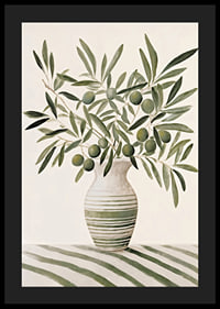 Watercolor of olive branches with green leaves in striped vase-4