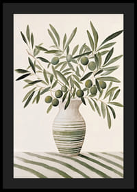 Akwarela przedstawiająca gałązki oliwne z zielonymi liśćmi w pasiastym wazonie-4
