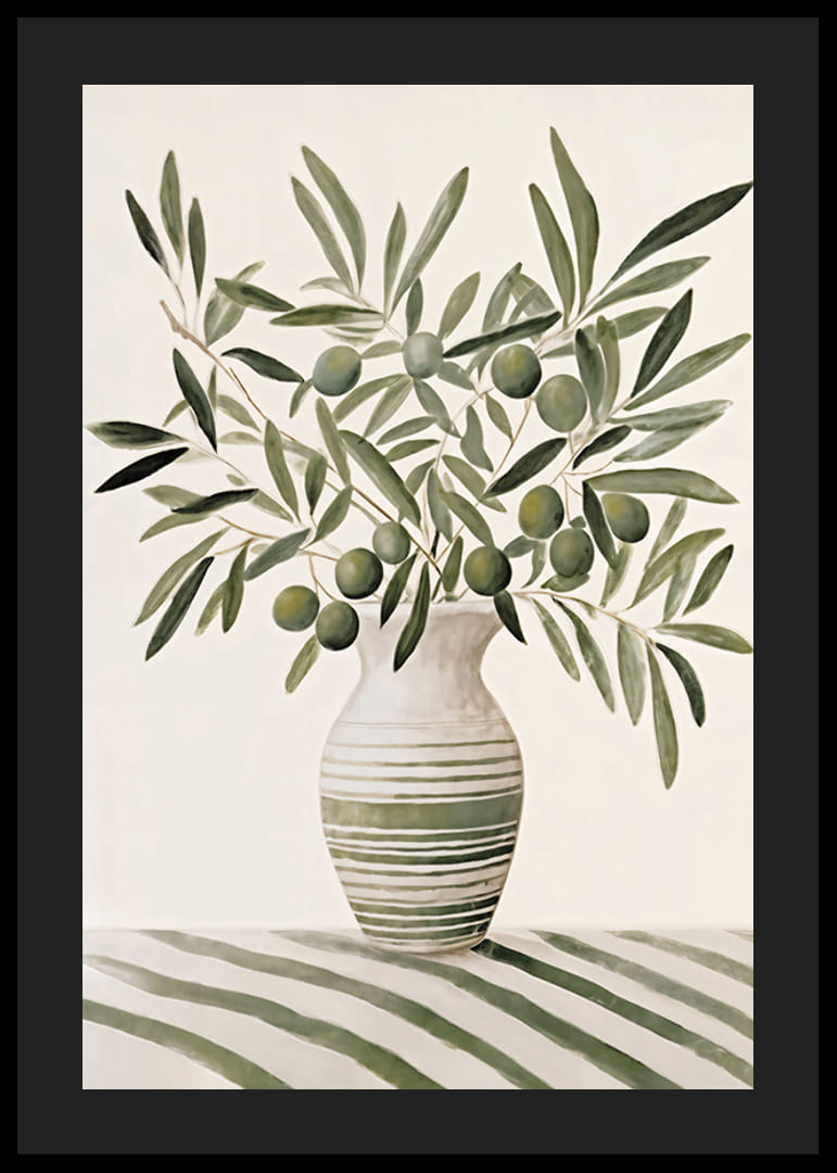 Akwarela przedstawiająca gałązki oliwne z zielonymi liśćmi w pasiastym wazonie-12