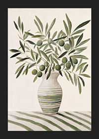 Watercolor of olive branches with green leaves in striped vase-5