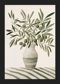 Akwarela przedstawiająca gałązki oliwne z zielonymi liśćmi w pasiastym wazonie-5