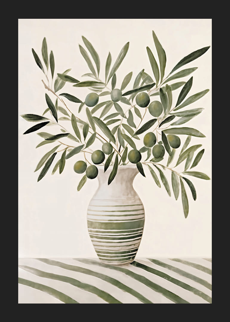 Akwarela przedstawiająca gałązki oliwne z zielonymi liśćmi w pasiastym wazonie-12