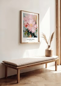 Peinture abstraite de pivoine rose avec des feuilles vertes aux couleurs pastel-2