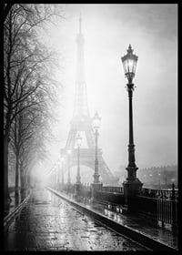 Black and white photo art with the Eiffel Tower in dense morning fog-6