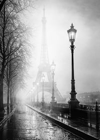 Black and white photo art with the Eiffel Tower in dense morning fog-7