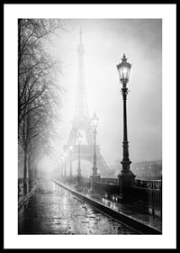 Black and white photo art with the Eiffel Tower in dense morning fog-0