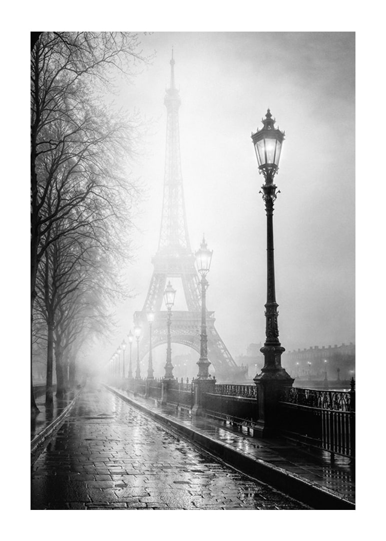 Black and white photo art with the Eiffel Tower in dense morning fog-12