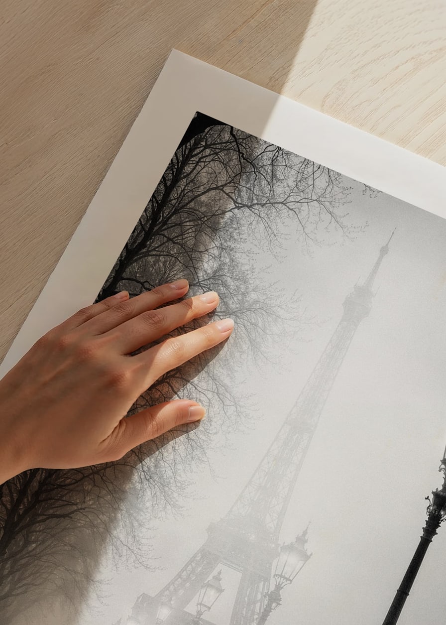Black and white photo art with the Eiffel Tower in dense morning fog-12