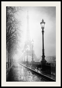 Black and white photo art with the Eiffel Tower in dense morning fog-2