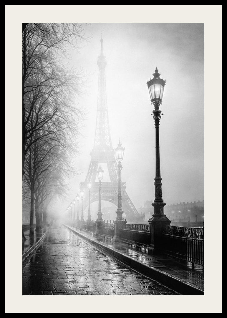 Black and white photo art with the Eiffel Tower in dense morning fog-12