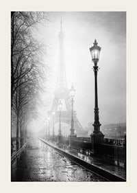 Black and white photo art with the Eiffel Tower in dense morning fog-3
