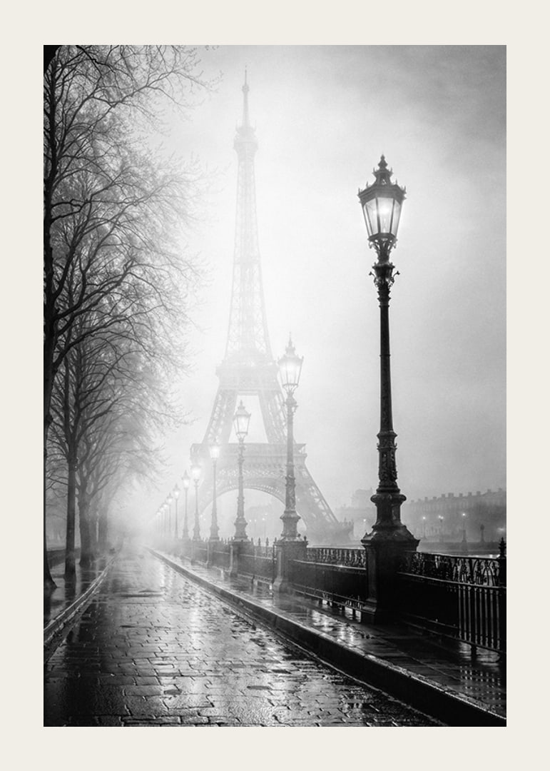 Black and white photo art with the Eiffel Tower in dense morning fog-12