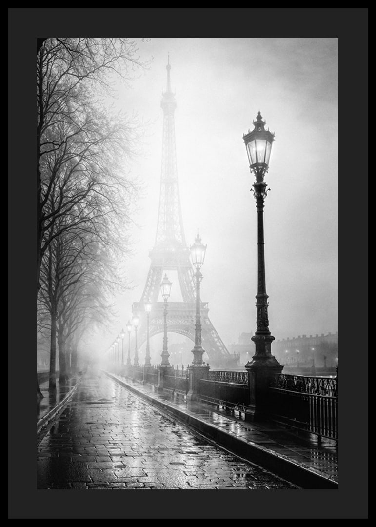 Black and white photo art with the Eiffel Tower in dense morning fog-12