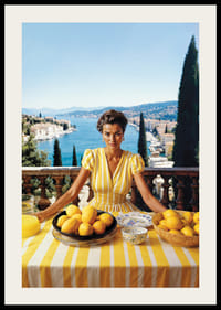 Woman in yellow striped dress with lemons on Mediterranean coast-2