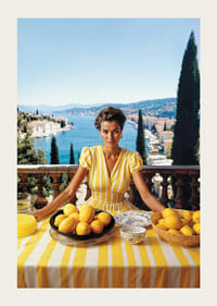Woman in yellow striped dress with lemons on Mediterranean coast-3