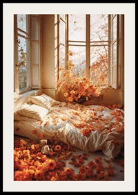Photorealistic bedroom with white sheets and orange flowers-2
