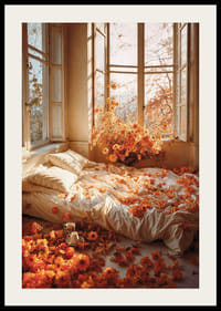 Fotorealistisches Schlafzimmer mit weißen Laken und orangefarbenen Blumen-2