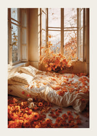 Fotorealistisches Schlafzimmer mit weißen Laken und orangefarbenen Blumen-3