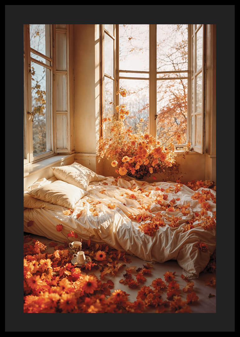 Fotorealistisches Schlafzimmer mit weißen Laken und orangefarbenen Blumen-12