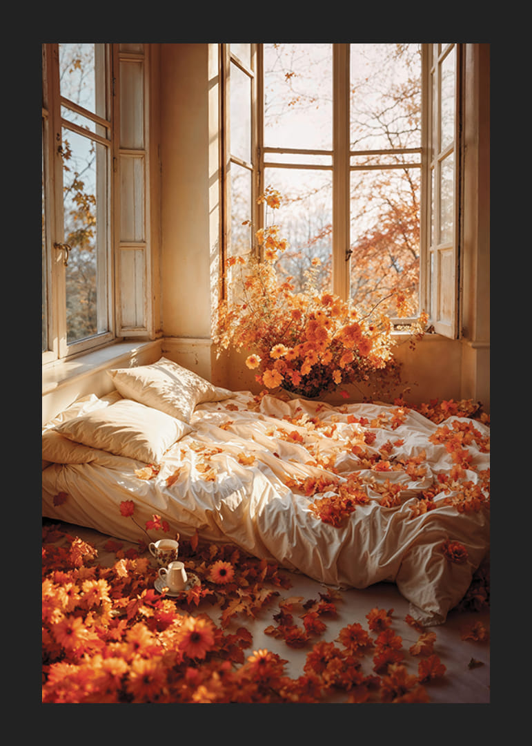 Fotorealistisches Schlafzimmer mit weißen Laken und orangefarbenen Blumen-12