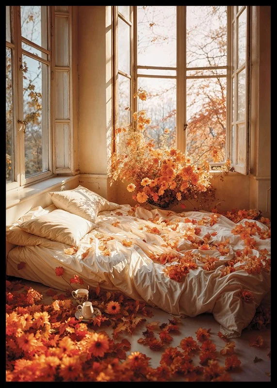 Photorealistic bedroom with white sheets and orange flowers-12