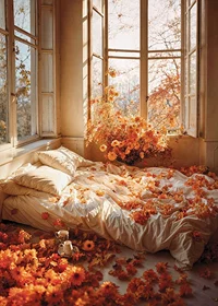 Photorealistic bedroom with white sheets and orange flowers-7