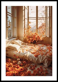 Photorealistic bedroom with white sheets and orange flowers-0