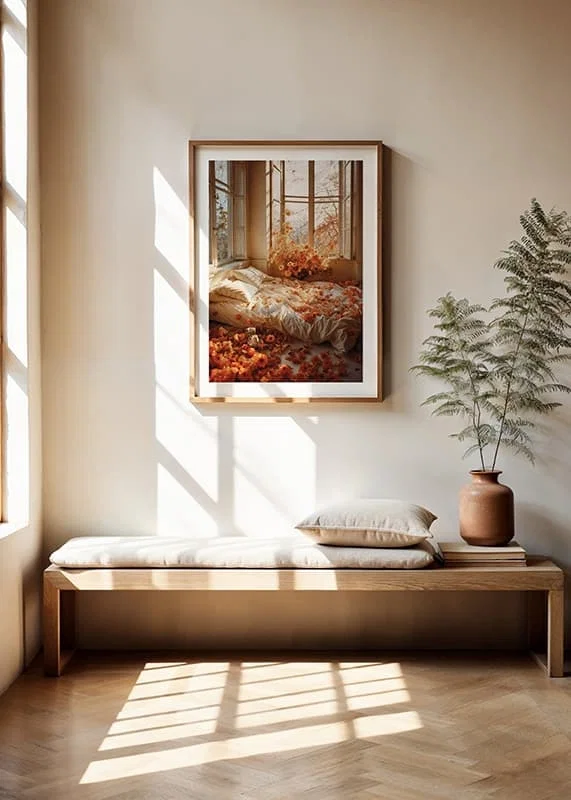 Photorealistic bedroom with white sheets and orange flowers-12